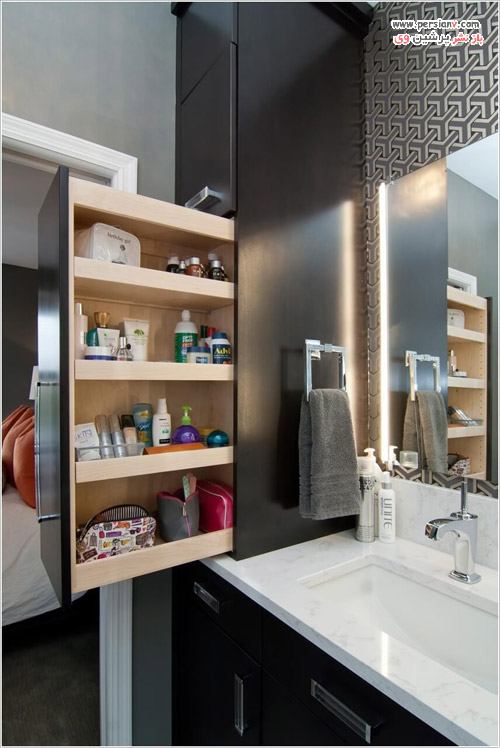 حمام و سرویس بهداشتی کوچک و کاربرد کابینت و شلف های پنهان حمام و سرویس بهداشتی کوچک و کاربرد کابینت و شلف های پنهان