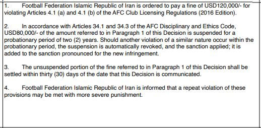 جریمه ۱۲۰ هزار دلاری فدراسیون فوتبال توسط AFC/هشدار به فوتبال ایران در صورت تکرار اشتباه