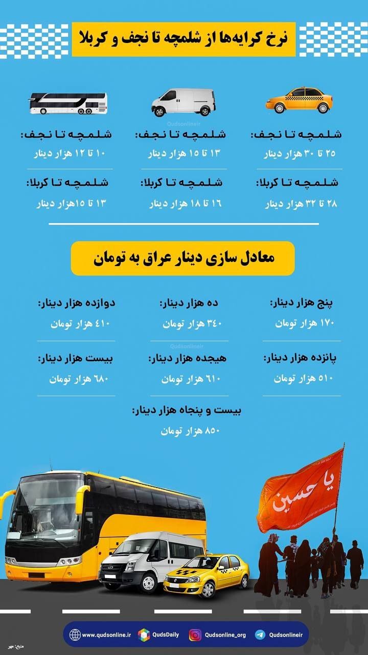 نرخ کرایهها از شلمچه تا نجف و کربلا نرخ کرایهها از شلمچه تا نجف و کربلا